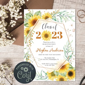 Invito festa di Laurea , elegante e moderno, con girasoli, da editare con Corjl