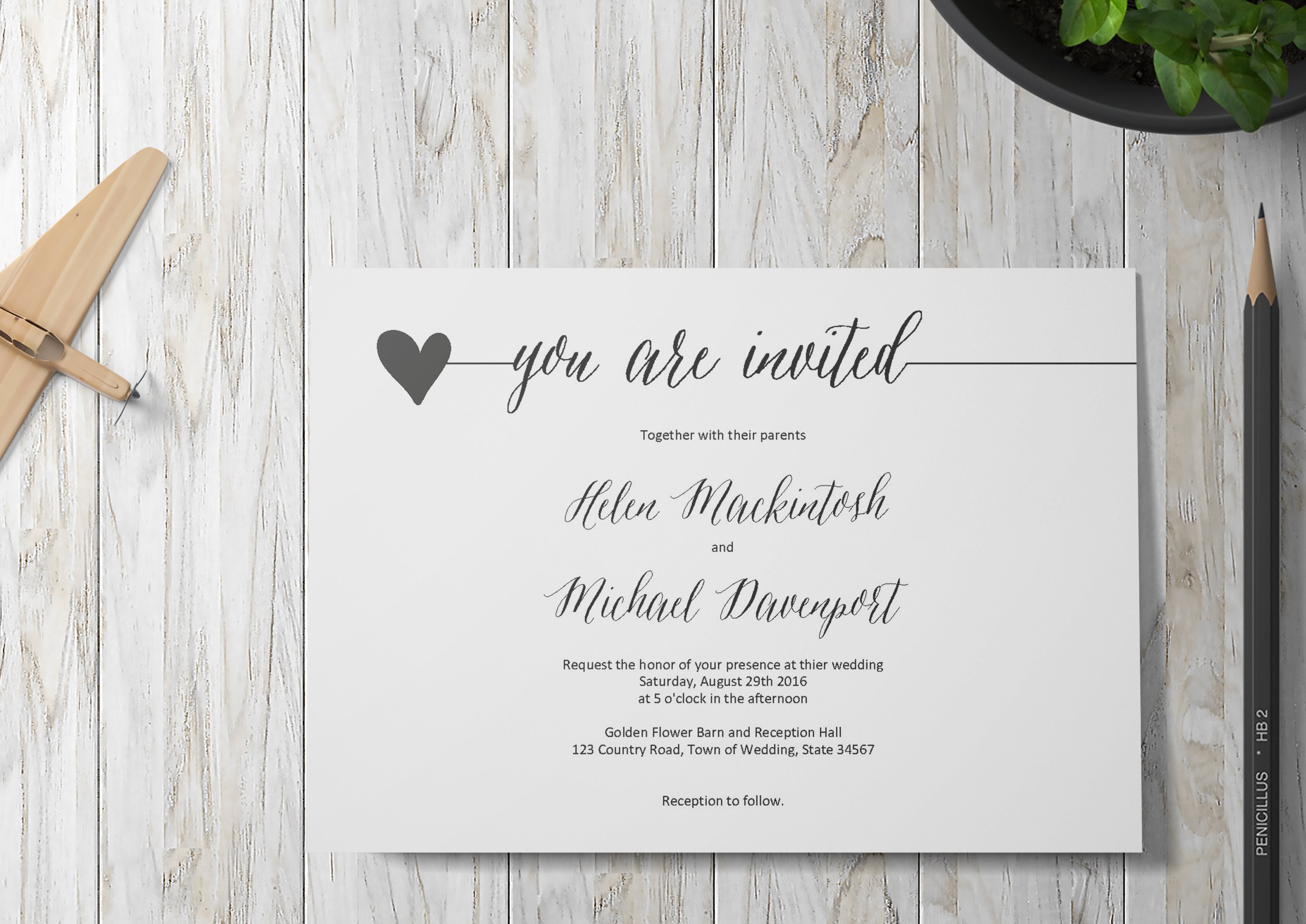 Rustic Wedding Invitation Set Template Calligraphy Simple Wedding