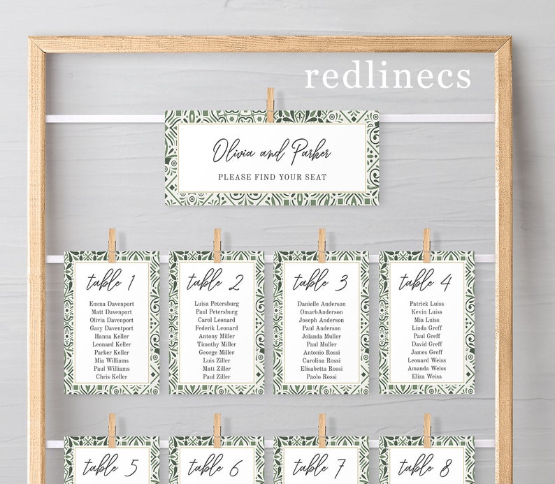 May include: A set of eight green and white table cards with a geometric pattern. Each card has a table number and a list of names. The top card says "Olivia and Parker" and "Please find your seat."