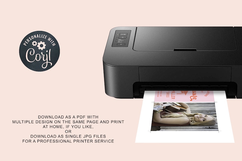 May include: A black printer with a white sheet of paper coming out of it. The paper has a design on it that says "Late" and has a photo of a woman with a guitar. The text below the printer says "Download as a PDF with multiple design on the same page and print at home, if you like, or download as single JPG files for a professional printer service."