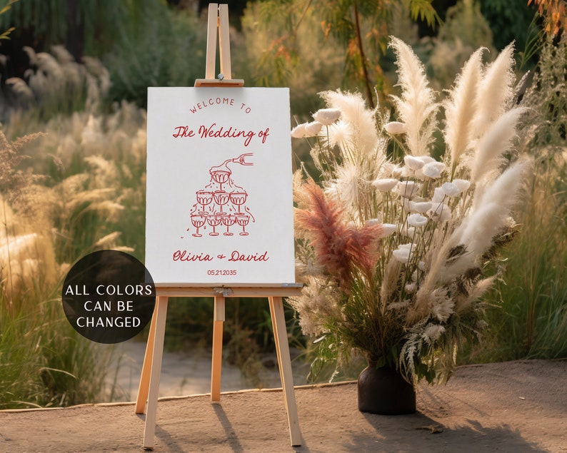 Wedding welcome sign Template, whimsical wedding custom signage, hand drawn scribble illustration, champagne tower AA048 image 2