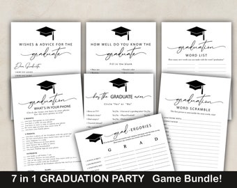 May include: A set of 7 printable graduation party games. The games include "How Well Do You Know The Graduate", "What's In Your Phone", "Has The Graduate Ever", "Grad-Ergorise", "Graduation Word List", "Graduation Word Scramble", and "Wishes & Advice For The Graduate".