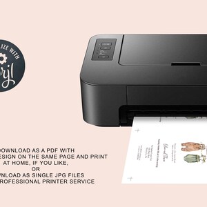 May include: A black printer with a white sheet of paper coming out of it. The paper has a printable design for a baby shower invitation with the text "It's a boy!" and a watercolor illustration of baby clothes. The text below the image says "Download as a PDF with multiple design on the same page and print at home, if you like, or download as single JPG files for a professional printer service."