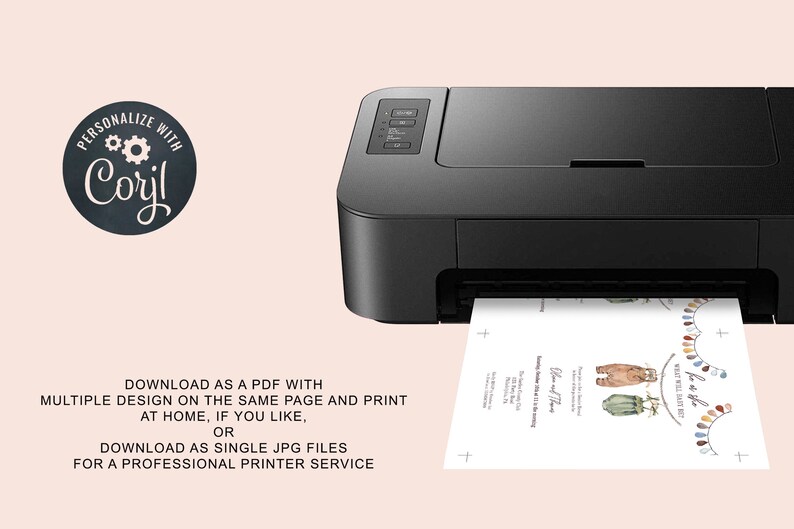 May include: A black printer with a white sheet of paper coming out of it. The paper has a printable design for a baby shower invitation with the text "It's a boy!" and a watercolor illustration of baby clothes. The text below the image says "Download as a PDF with multiple design on the same page and print at home, if you like, or download as single JPG files for a professional printer service."