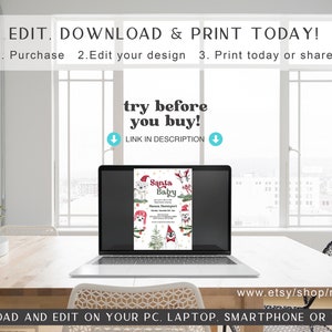 May include: A laptop computer displaying a printable Christmas baby shower invitation with a Santa Claus and baby design. The invitation says "Santa Baby" and has a red, white, and green color scheme. The text on the screen says "try before you buy!" and "LINK IN DESCRIPTION".