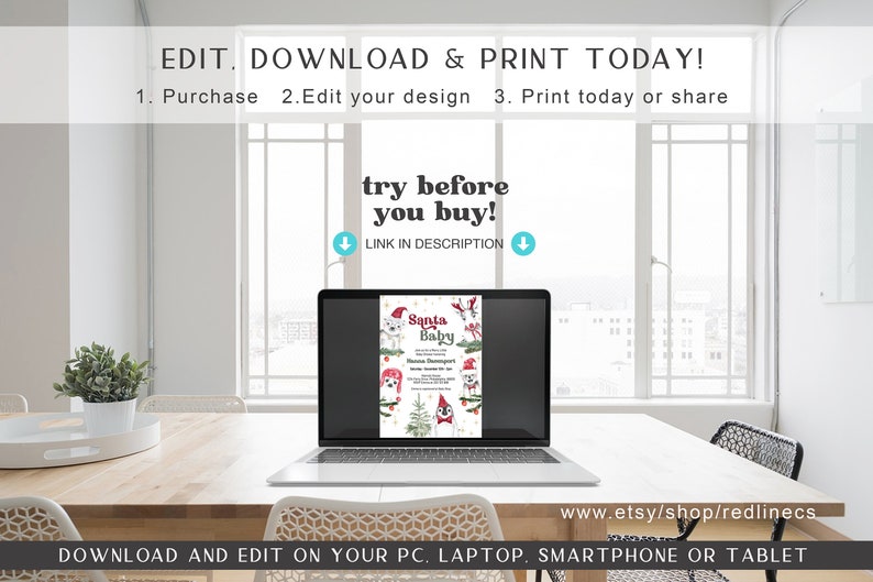 May include: A laptop computer displaying a printable Christmas baby shower invitation with a Santa Claus and baby design. The invitation says "Santa Baby" and has a red, white, and green color scheme. The text on the screen says "try before you buy!" and "LINK IN DESCRIPTION".