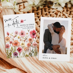 Save the Date nozze con bellissimi fiori di campo, Annuncio matrimonio stile boho con fiori e fotografia, template da stampare AA072