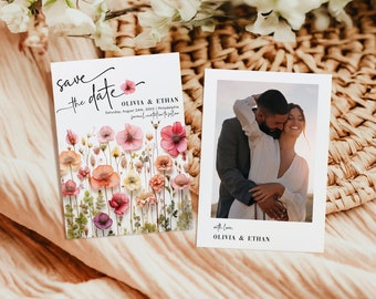 Wildflower Wedding save the date, fresh meadow flowers summer weddings boho template, instant download AA072