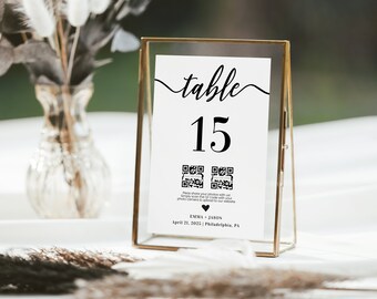 Minimalist Table number with Qr codes, wedding table number sign, table numbers card template