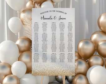 Elegant Seating Chart Template, Wedding Seating sign poster, Gold glitterWedding Table Chart Poster Printable, Instant Download