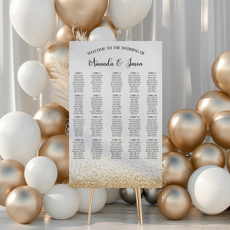 Elegant Seating Chart Template, Wedding Seating sign poster, Gold glitterWedding Table Chart Poster Printable, Instant Download image 1