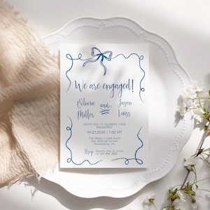 Whimsical Engagement card template, bow handwritten, quirky engagement announcement, editable and printable AA045