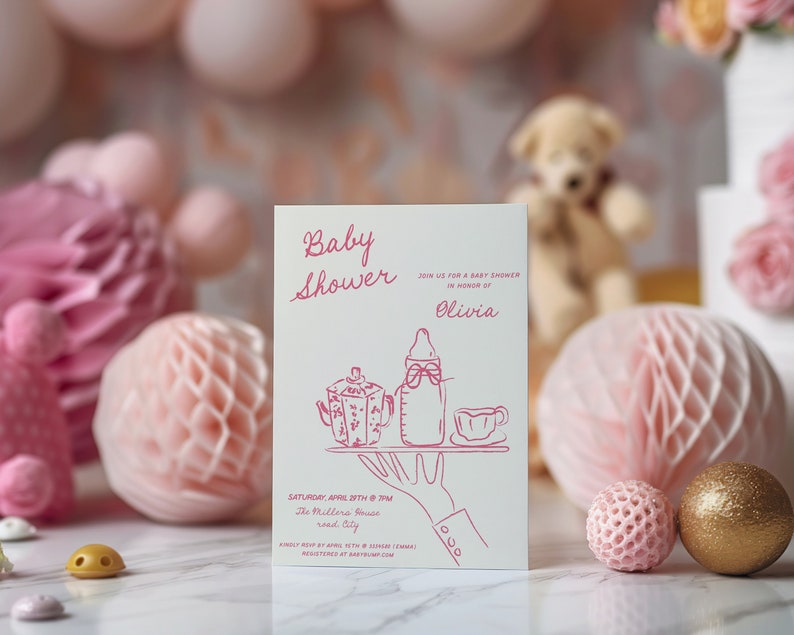 Baby Shower invitation template, quirky hand drawn Baby Girl Shower invite, whimsical handwritten editable template,editable colors AA059 bild 2