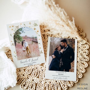 Save the Date nozze con bellissimi fiori di campo, Annuncio matrimonio stile boho con margherite e fotografia, template da stampare