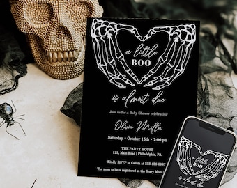 Halloween Baby Shower Invitation Template, Gothic Baby Shower Invite, Skull hands a lIttle Boo is doo, Editable AA015