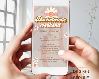 Groovy Bachelorette Weekend Itinerary Template, Retro 70&#39;s Bachelorette Itinerary Digital, Burnt Orange Daisy Instant Template DIY