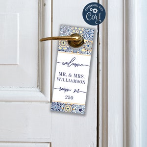 Mediterranean tile Wedding favors for guests, welcome door hanger tag for destination wedding hotel arrival, editable template