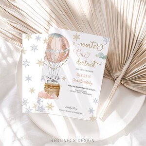 Invito Compleanno Invernale con animali e mongolfiera, primo compleanno bambina winter onederland, template da stampare