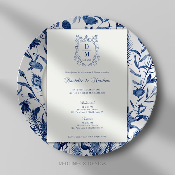 Elegant Rehearsal Dinner invitation, Blue crest Rehearsal Invite printable, Chinoiserie Victorian Monogrammed Rehearsal Invitation template