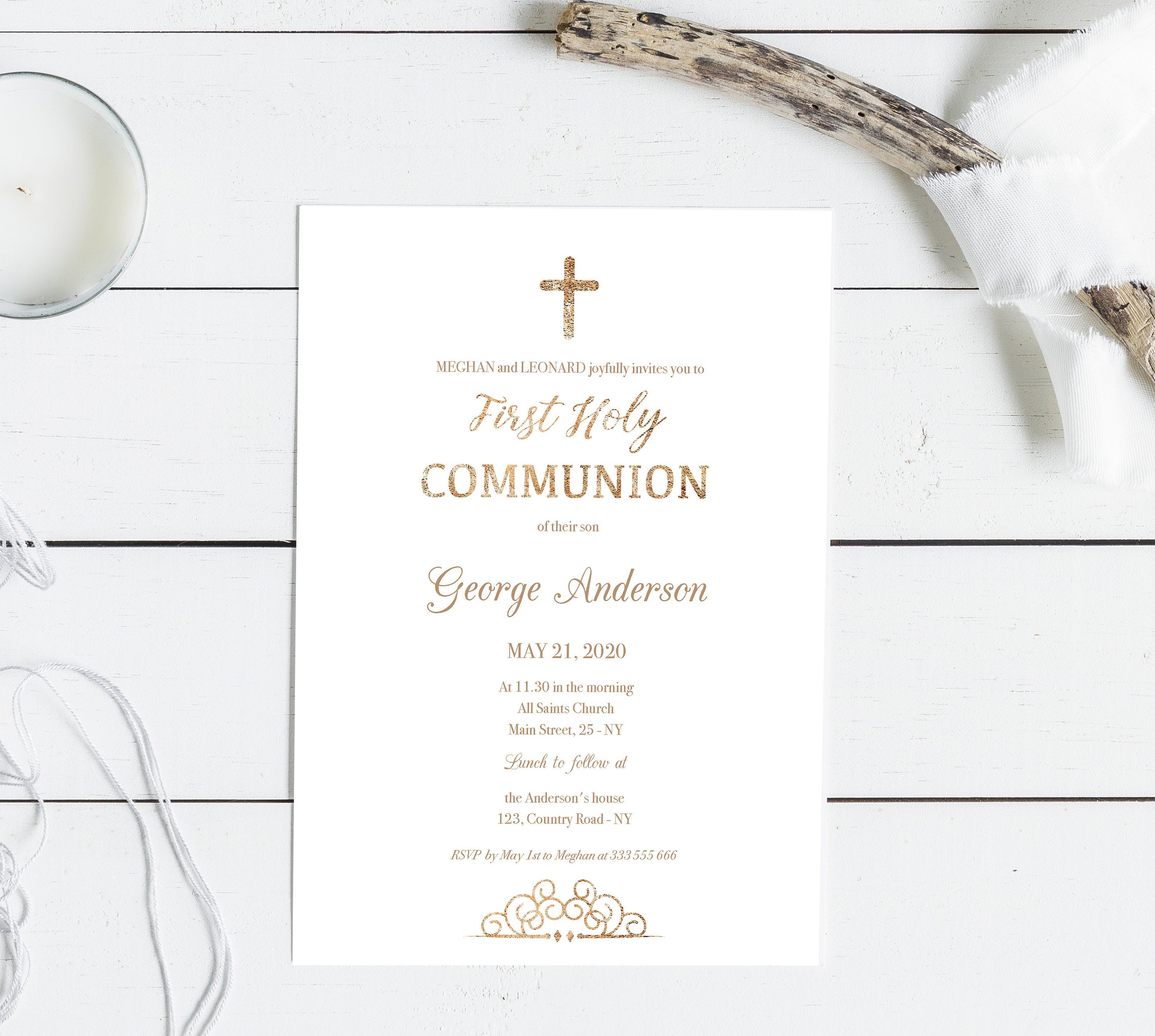 Gold Elegant First Communion invitation printable for boy and girl, INSTANT Download editable