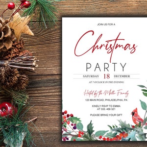 Invito digitale per festa di Natale da stampare, file digitale editabile con cardinale rosso e agrifoglio PDF