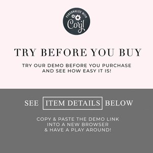 May include: A gray and white graphic with the text "TRY BEFORE YOU BUY" and "TRY OUR DEMO BEFORE YOU PURCHASE AND SEE HOW EASY IT IS!"  Below the text is a gray rectangle with the text "SEE ITEM DETAILS BELOW" and "COPY & PASTE THE DEMO LINK INTO A NEW BROWSER & HAVE A PLAY AROUND!"