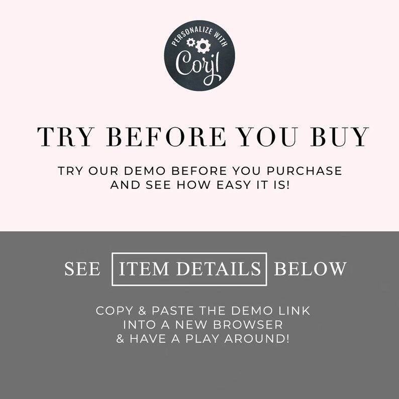 May include: A gray and white graphic with the text "TRY BEFORE YOU BUY" and "TRY OUR DEMO BEFORE YOU PURCHASE AND SEE HOW EASY IT IS!"  Below the text is a gray rectangle with the text "SEE ITEM DETAILS BELOW" and "COPY & PASTE THE DEMO LINK INTO A NEW BROWSER & HAVE A PLAY AROUND!"