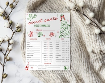 May include: A printable Secret Santa questionnaire with a festive Christmas tree design. The questionnaire asks for favorite things, which one, gift card, and I like. It also includes a section for more about me.