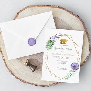 Invito festa di Laurea con piante grasse e cornice in oro, elegante e moderno, disponibile anche per compleanni