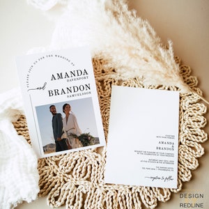 May include: Wedding invitation with a white background and black text. The invitation reads "Please join us for the wedding of Amanda Davenport and Brandon Samuelsson". A photo of the couple is in the bottom left corner. The invitation also includes the date, time, and location of the wedding.