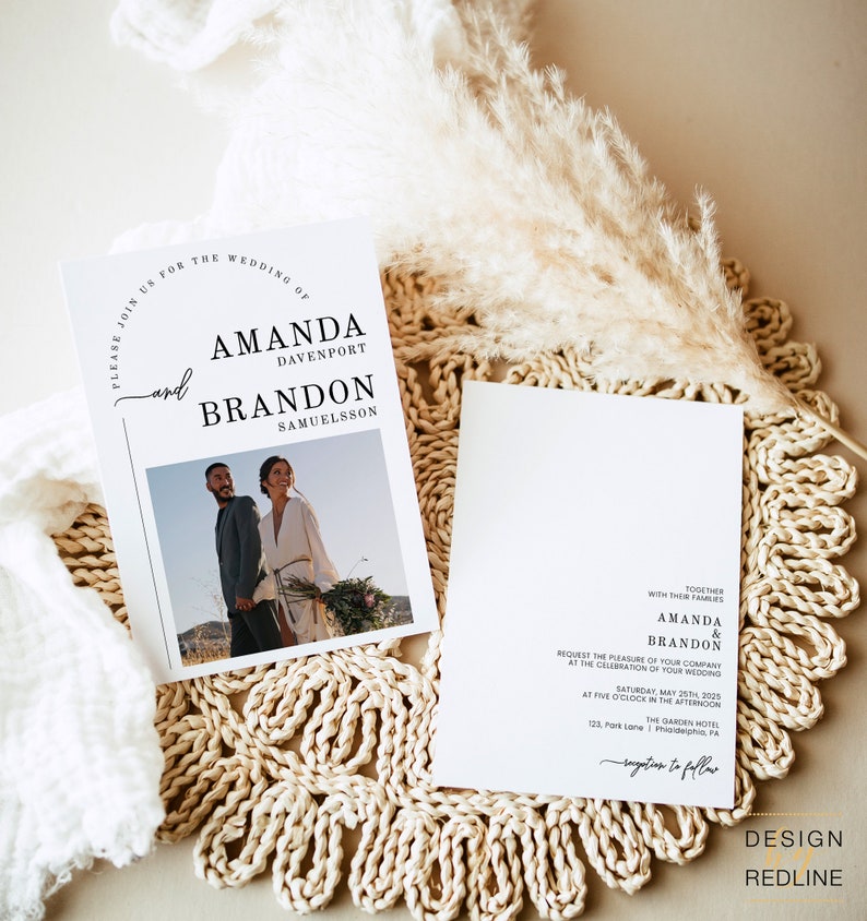 May include: Wedding invitation with a white background and black text. The invitation reads "Please join us for the wedding of Amanda Davenport and Brandon Samuelsson". A photo of the couple is in the bottom left corner. The invitation also includes the date, time, and location of the wedding.