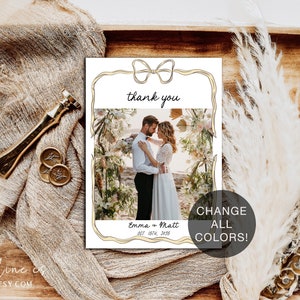 Thank you photo card template, bow wedding keepsake favor for guests, double sided 2 photos personalized letter, whimsical funky AA045 image 2