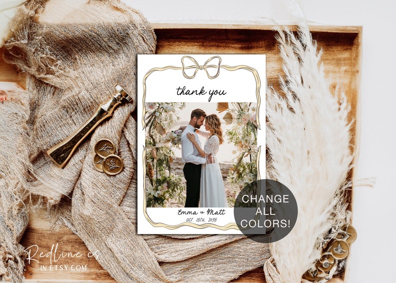 Thank you photo card template, bow wedding keepsake favor for guests, double sided 2 photos personalized letter, whimsical funky AA045 image 2