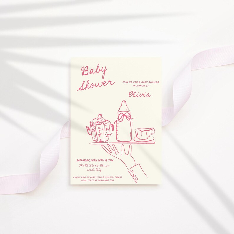 Baby Shower invitation template, quirky hand drawn Baby Girl Shower invite, whimsical handwritten editable template,editable colors AA059 bild 3