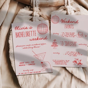 Pode incluir: Um convite de despedida de solteira vermelho e branco com um gr&aacute;fico de bola de discoteca e copo de martini. O convite inclui o texto "Olivia's Bachelorette Weekend" e a data "August 15-18, 2021". Um cart&atilde;o separado lista os eventos do fim de semana, incluindo "Check in to Airbnb", "Explore Downtown", "Dinner at the Rooftop Bar", "Brunch and Lingerie Shopping", "Afternoon at the Beach", "Cocktail Time", "Dance the Night Away", "Brunch at the Pool", "Visit the Farm Market", e "Activities".