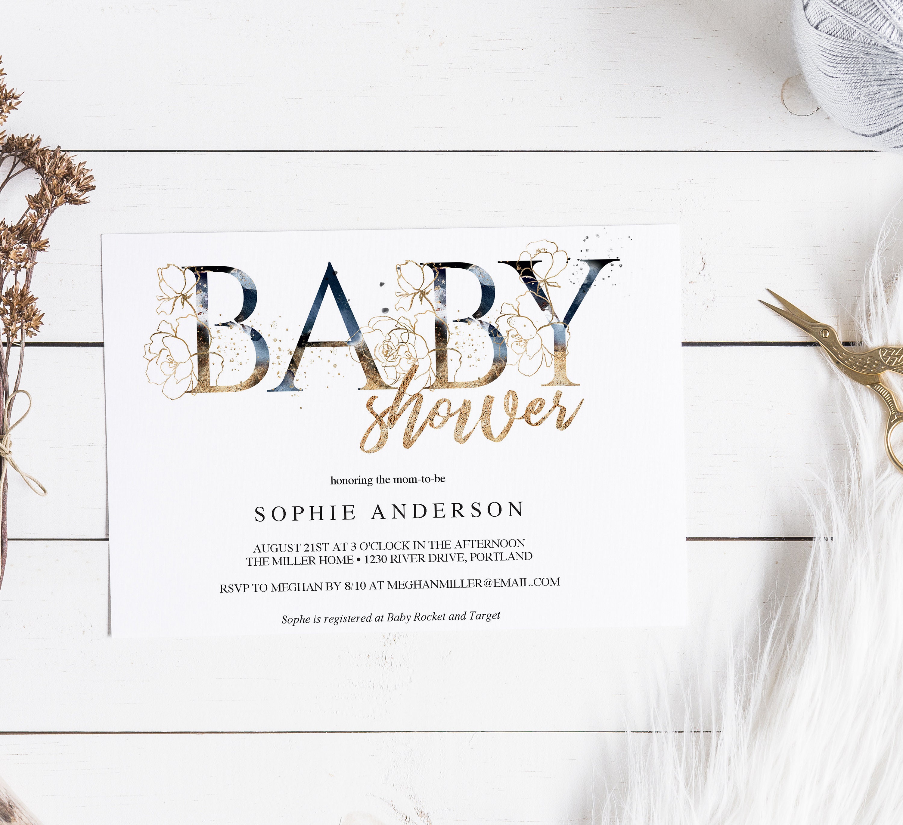 elegant baby shower invitation template gold and blue florals