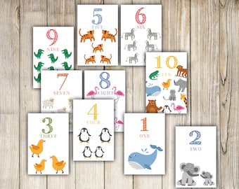 Vorschule Flash Cards Zahlen lernen ! Vorschulaktivitäten, 1-10 Zahlen Tiere zählen lernen, sofortiger Download PDF