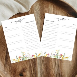 Boho Flower Guests wishes guest book pages template, wildflowers advice and wishes letter size card, editable template