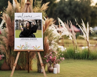Graduation Party Welcome Sign Template, Photo Graduation Welcome Poster, wildflowers Graduation Welcome, Editable Template download