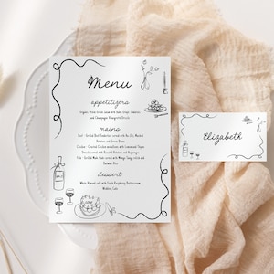 Food and Wine Illustration Wave Wedding Menu template, hand drawn scribble fun menu and place card instant download AA059