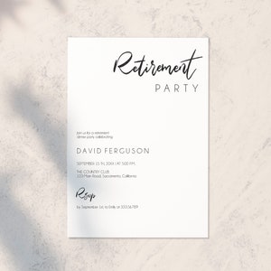 Invito festa di pensionamento semplice e moderno, disponibile anche in italiano su richiesta, template con testo modificabile