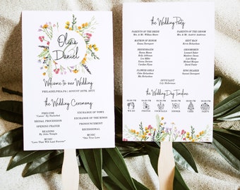 Wedding Program Fan Template, Editable with Day Timeline and Ceremony Program, Wildflowers Boho Fan for Guests, Favor ideas