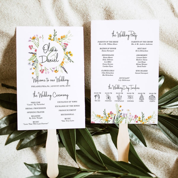 Wedding Program Fan Template, Editable with Day Timeline and Ceremony Program, Wildflowers Boho Fan for Guests, Favor ideas