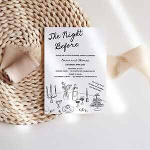 May include: A black and white illustration of a dinner table setting with candles, wine glasses, a vase with flowers, a bottle of wine, and a plate of food. The text "The Night Before" is at the top of the invitation. The invitation is for a rehearsal dinner celebrating Emma and Thomas on Saturday, April 22nd.