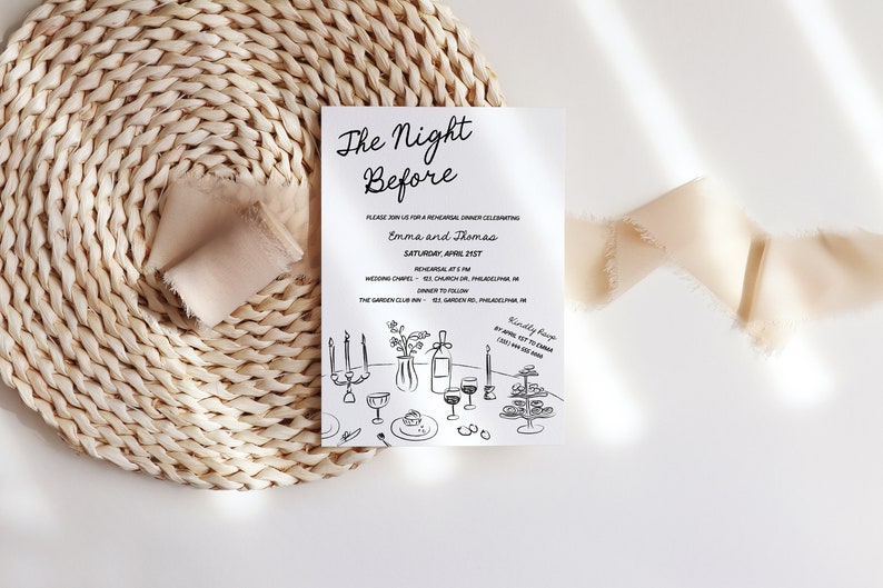 May include: A black and white illustration of a dinner table setting with candles, wine glasses, a vase with flowers, a bottle of wine, and a plate of food. The text "The Night Before" is at the top of the invitation. The invitation is for a rehearsal dinner celebrating Emma and Thomas on Saturday, April 22nd.