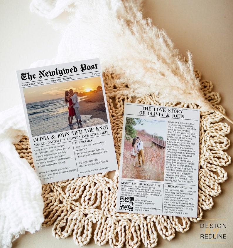 May include: A wedding announcement in the style of a newspaper with a photo of the couple on the beach at sunset. The headline reads "Olivia & John Tied the Knot". The announcement includes details about the wedding reception and RSVP information.