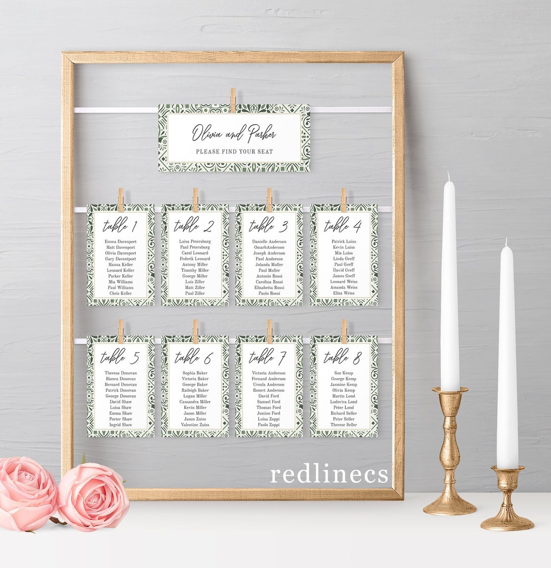 Seating Chart Cards Template, Green Tiles Wedding Seating Chart, 5x7 Guest Names Cards, Table ...