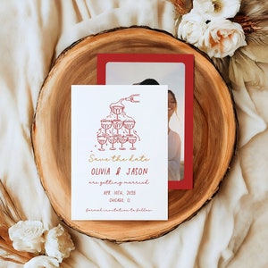 Annuncio di matrimonio con fiocco disegnato a mano e torre champagne, colori editabili, edita e stampa, fai da te