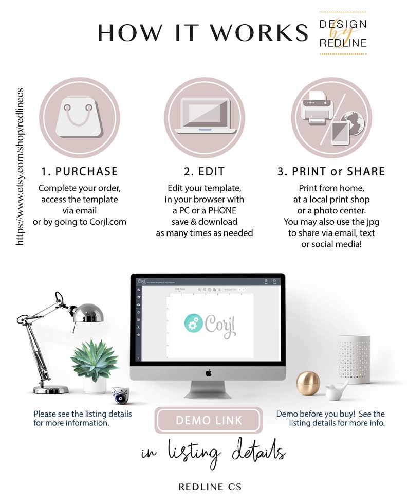 May include: A graphic showing how to purchase, edit, and print or share a digital template. The graphic features a shopping bag, a laptop, and a printer. The text "DESIGN by REDLINE" is at the top of the graphic. The text "in listing details" is at the bottom of the graphic.