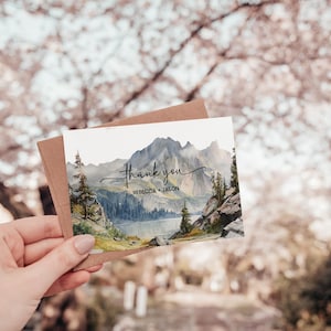 Thank you folded card, tent card thank you, watercolor mountains, lakeside, forest mountains landscape, 5x3.5 editable template AA031